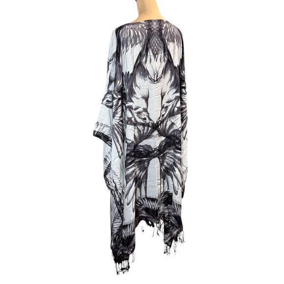 Theodora & Callum Caftan Dress One Size Beach Cover-Up Bird Printed Fringe Boho - Picture 5 of 10